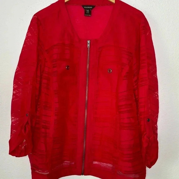 Multiples plus size 1X red lightweight partly sheer jacket rayon/nylon blend - Picture 2 of 4